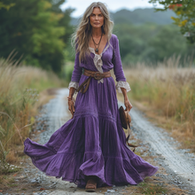 Load image into Gallery viewer, Women's Vintage V-neck Linen Long-sleeve Maxi Long Dress
