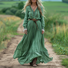 Load image into Gallery viewer, Women's Vintage Pastoral Style V-neck Linen Long-sleeve Maxi Long Dress