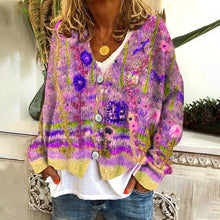 Load image into Gallery viewer, Vintage Floral Print V-Neck Long Sleeved Knitted Cardigan