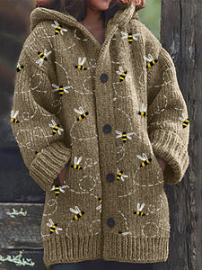 Flying Bees Embroidery Pattern Cozy Knit Hooded Cardigan