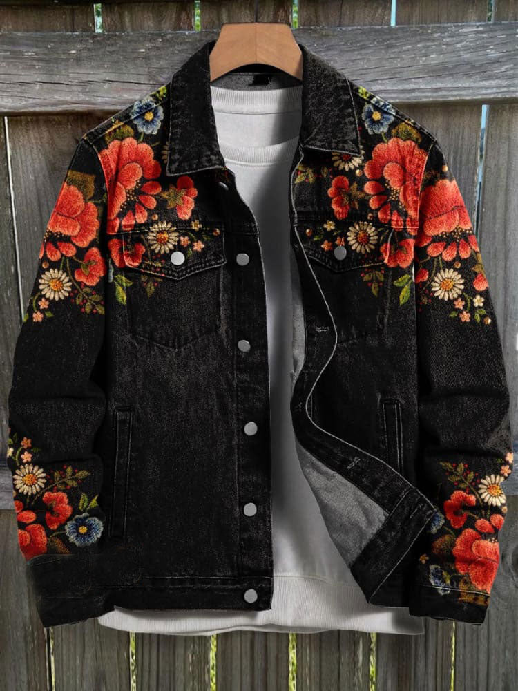 Vintage Black Flower Embroidery Art Print Casual Denim Jacket