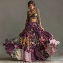 Load image into Gallery viewer, Vintage Purple Roses Embroidered Floral Patchwork Flowy Wide Skirt