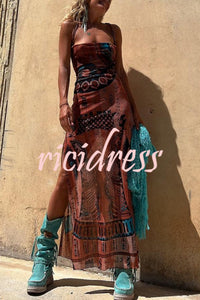 Gypsy Style Unique Print Cowl Neck Back Lace-up Slit Midi Dress