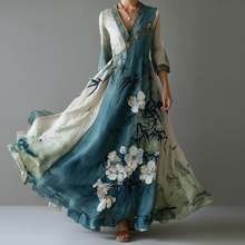 Load image into Gallery viewer, Women's Retro Ink Painting Bamboo And Cherry Blossom Linen Long Sleeve Dress
