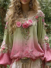 Load image into Gallery viewer, Pink Rose Embroidery Print Round Neck Long Sleeve Linen Blend T-shirt
