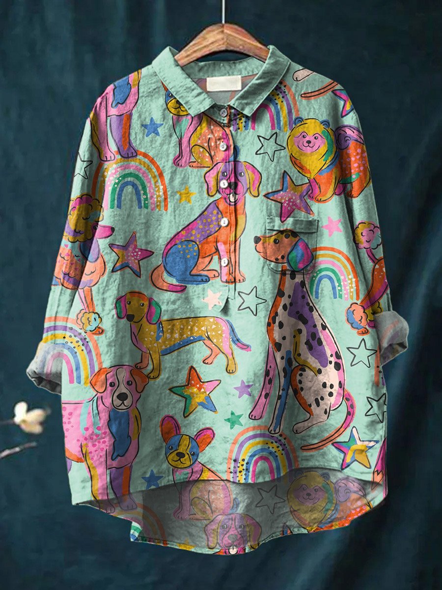 Vintage Lovely Rainbow Dogs Art Print Casual Cotton And Linen Shirt