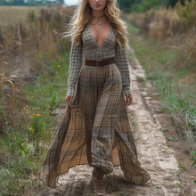 Load image into Gallery viewer, Women's Retro V-neck Plaid Long-sleeve Bohemian Pastoral Style Maxi Long Dress