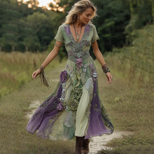 Load image into Gallery viewer, Classy Gradient Purple Lavender And Floral Embroidered Linen Maxi Dress