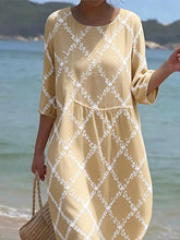 Load image into Gallery viewer, Women's Casual  Round Neck Mid Sleeve Print Cotton and Linen Dress