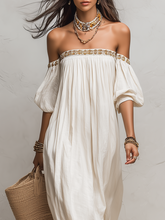 Load image into Gallery viewer, Bohemian Style Off-the-shoulder Pleated Ivory Long Dress