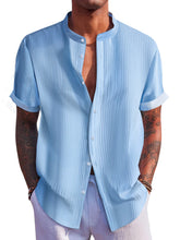 Load image into Gallery viewer, Men's Summer Stand Collar Vertical Stripe Jacquard Solid Color Short Sleeve Shirt