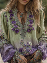 Load image into Gallery viewer, Vintage Classy Gradient Purple Pansy Embroidered Art Linen Long Sleeve Blouse