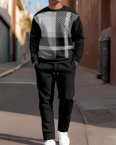 Men's Simple Colorblock Round Neck Casual Sports Set 0189