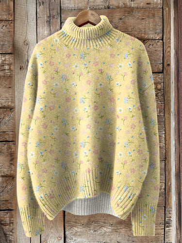 Sweet Spring Floral Pattern Printed Knit Turtleneck Pullover Sweater