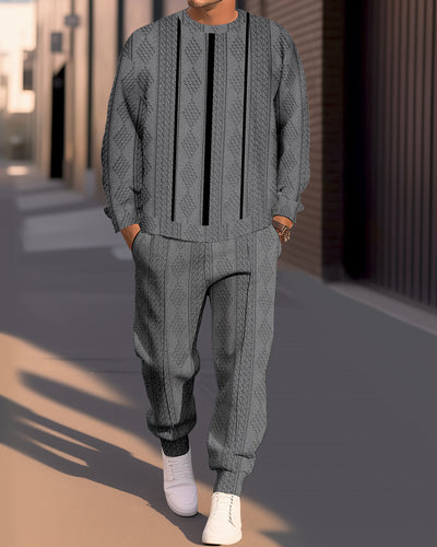 Men's Textured Jacquard Round Neck Casual Sports Set  013