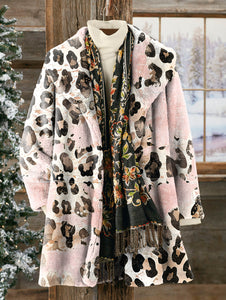 Women's Retro Pink Leopard Print Comfortable Plush Coat