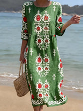 Load image into Gallery viewer, Women's Casual  Round Neck Mid Sleeve Print Cotton and Linen Dress