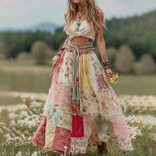 Load image into Gallery viewer, Vintage Boho Roses Patchwork Art Flowy Linen Skirt