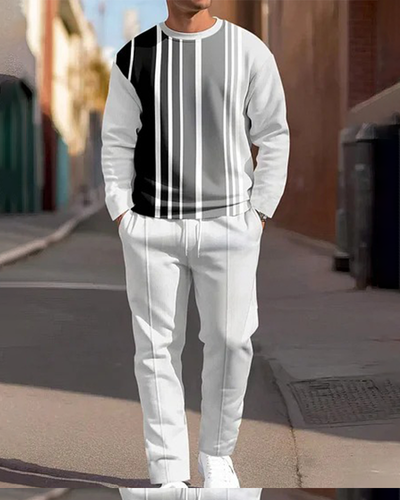 Men's Simple Colorblock Round Neck Casual Sports Set 0171