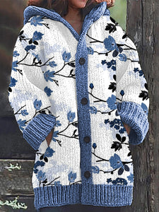 Blue Floral Pattern Cozy Knit Hooded Cardigan