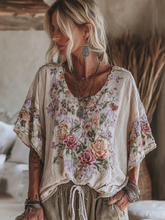 Load image into Gallery viewer, Vintage Floral Embroidered Linen Short Sleeve Shirt