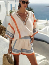 Load image into Gallery viewer, Women's Casual Vacation V-neck Striped Print Top and Shorts Two-piece Set