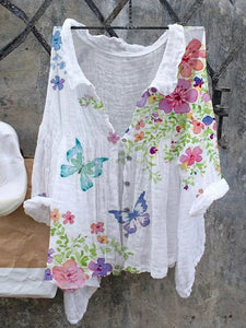 Women's Watercolor Floral Print Casual Cotton Linen Shirt