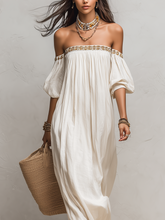 Load image into Gallery viewer, Bohemian Style Off-the-shoulder Pleated Ivory Long Dress