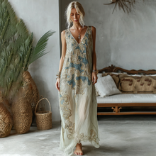Load image into Gallery viewer, Vintage Marble Texture Collection Retro Bohemia Gradient Gilded Pattern Linen Maxi Dress
