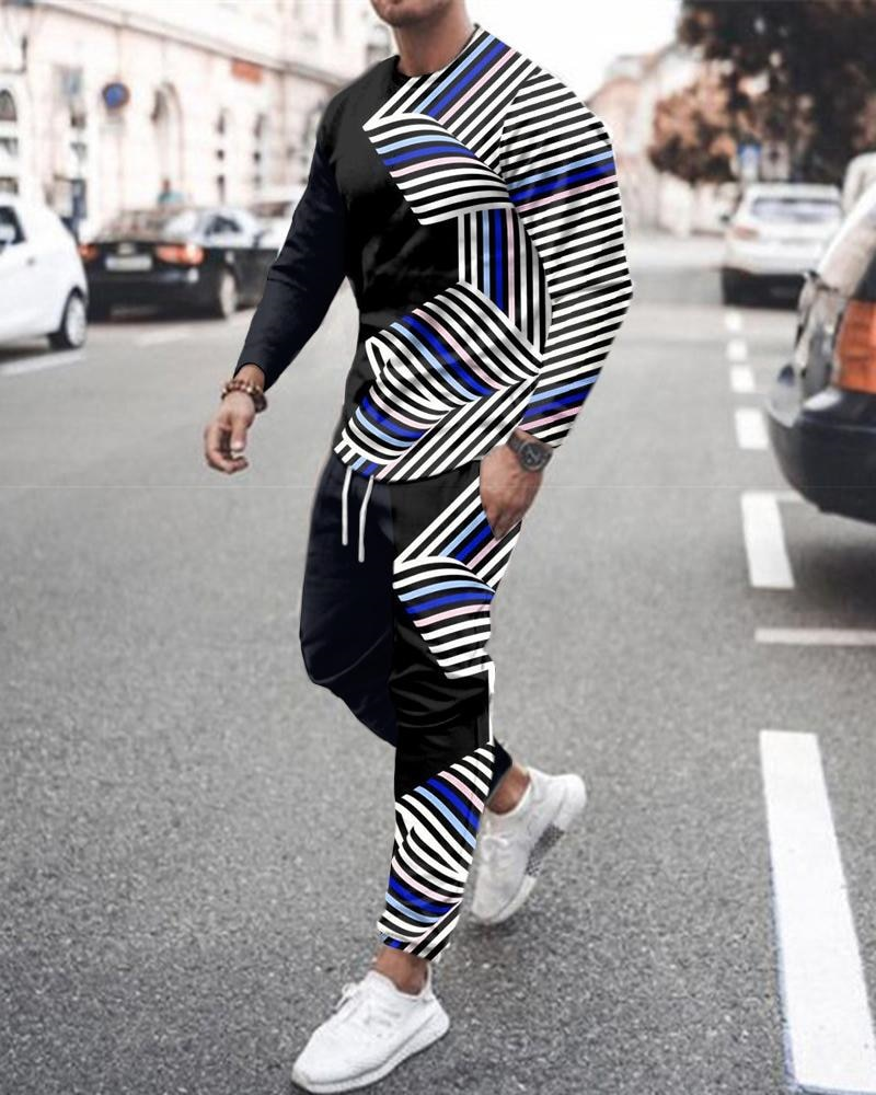 Men's casual color-block print color-block long-sleeved sports set 010