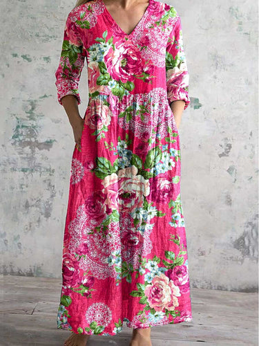 Women's Art Rose Floral V Neck Cotton and Linen Dress With Pockets