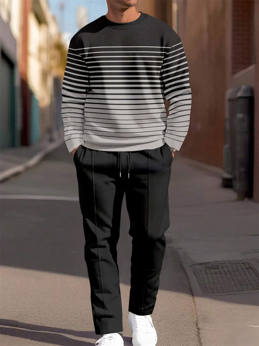 Men's Black Striped Round Neck Casual Sports Set 057