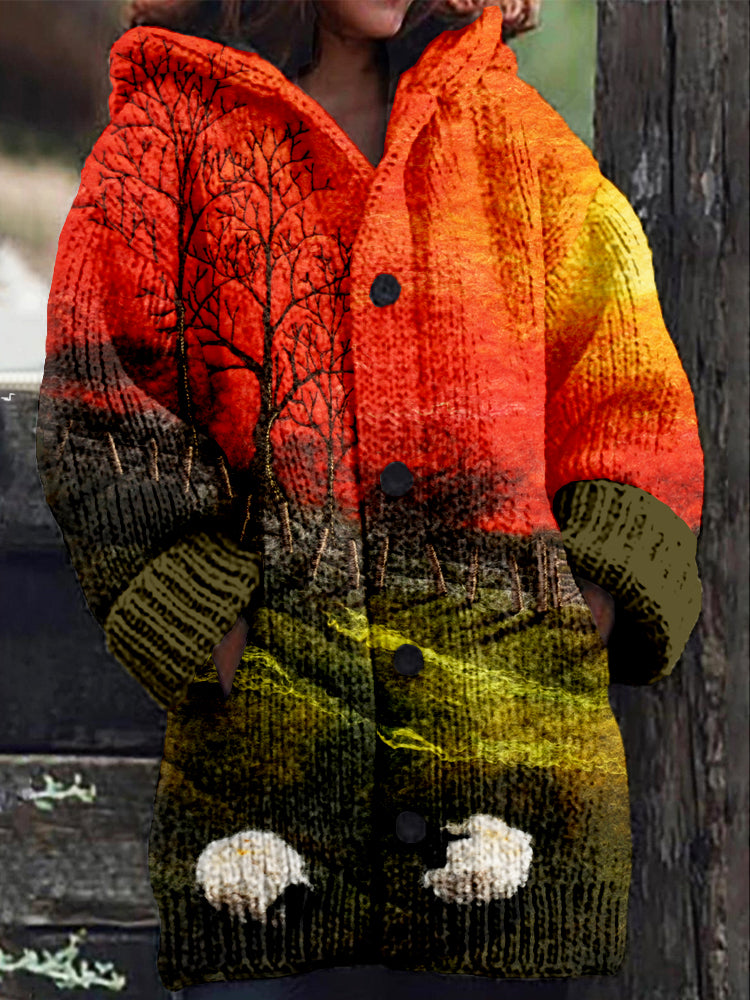 Sheep at the Gate Felt Art Comfy Knit Cardigan