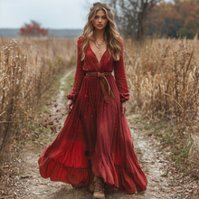 Load image into Gallery viewer, Women's Retro V-neck Floral Long-sleeve Bohemian Pastoral Style Maxi Long Dress