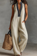Load image into Gallery viewer, Linen blend sleeveless jumpsuit with zipper and embroidered stand-up collar