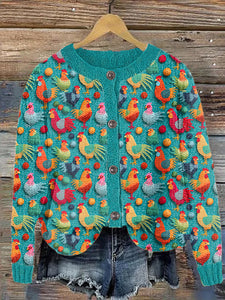 Funny Farm Chicken Embroidery Art Cozy Knitted Cardigan