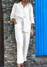 Load image into Gallery viewer, Casual Solid Color V-Neck Shirt &amp; Pants Cotton Linen Two-Piece Set