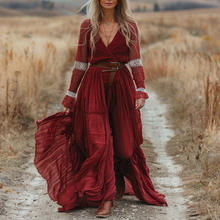 Load image into Gallery viewer, Women's Vintage Paneled Linen Long-sleeve Maxi Long Dress