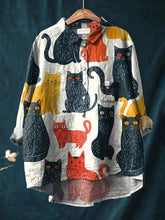 Load image into Gallery viewer, Women&#39;s Retro Colorful Cat Print Casual Cotton And Linen Shirt