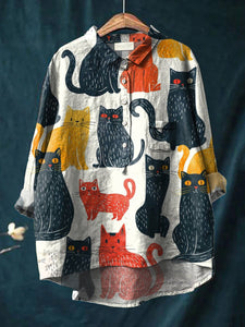 Women's Retro Colorful Cat Print Casual Cotton And Linen Shirt