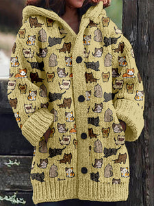 Cute Cats Pattern Cozy Hooded Knit Cardigan