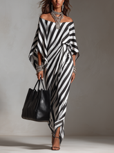 Load image into Gallery viewer, Statement Monochrome Stripe Asymmetric Maxi Dress