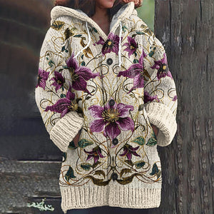 Purple Line Floral Pattern Cozy Sweater Cardigan