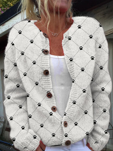 Dog Paw Print Casual Knitted Cardigan