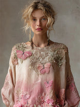 Load image into Gallery viewer, Pink Butterflies Boho Embroidered Gradient Flowy Linen Tunic