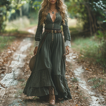 Load image into Gallery viewer, Women's Vintage V-neck Linen Long-sleeve Maxi Long Dress
