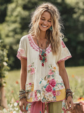 Load image into Gallery viewer, Women's Holiday Embroidered Floral Patchwork T-shirt
