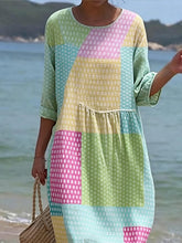 Load image into Gallery viewer, Women's Casual  Round Neck Mid Sleeve Print Cotton and Linen Dress
