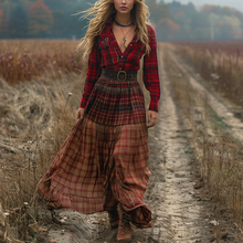 Load image into Gallery viewer, Women's Retro V-neck Plaid Long-sleeve Bohemian Pastoral Style Maxi Long Dress