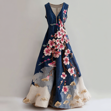 Load image into Gallery viewer, Women's Vintage Japanese Cherry Blossom And Fan Leaf Linen Dress